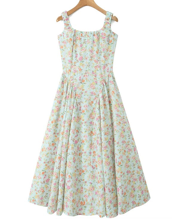 Vintage Floral Print Cream Adjust Lacing up Spaghetti Strap Midi Dress