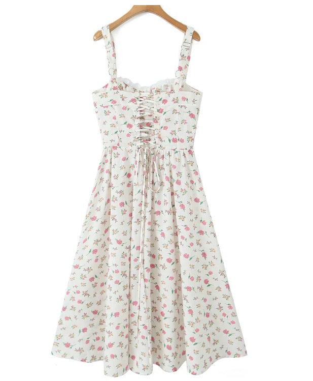 Vintage Floral Print Cream Adjust Lacing up Spaghetti Strap Midi Dress