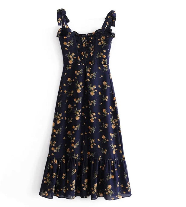 Vintage Floral Print Cream Adjust Lacing up Spaghetti Strap Midi Dress