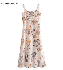 Vintage Floral Print Cream Adjust Lacing up Spaghetti Strap Midi Dress