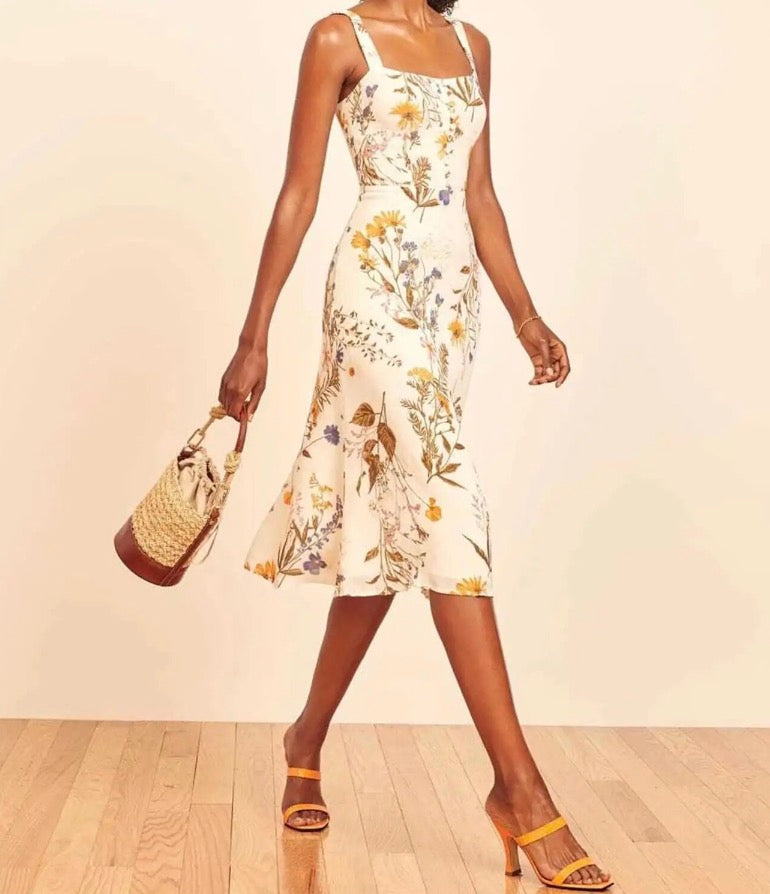 Vintage Floral Print Cream Adjust Lacing up Spaghetti Strap Midi Dress