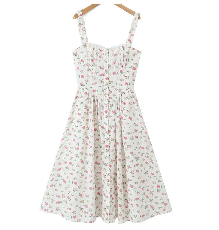 Vintage Floral Print Cream Adjust Lacing up Spaghetti Strap Midi Dress