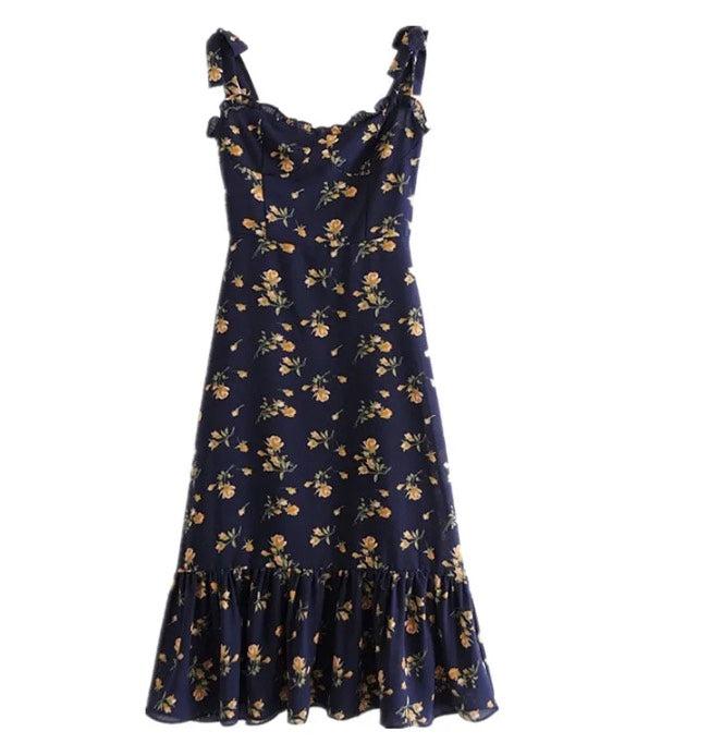 Vintage Floral Print Cream Adjust Lacing up Spaghetti Strap Midi Dress