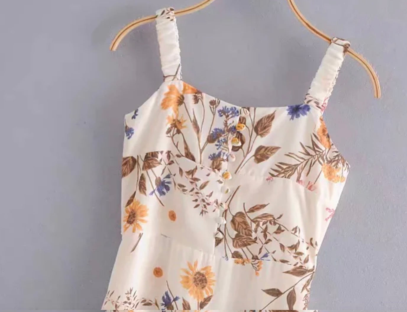 Vintage Floral Print Cream Adjust Lacing up Spaghetti Strap Midi Dress