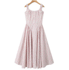 Vintage Floral Print Cream Adjust Lacing up Spaghetti Strap Midi Dress