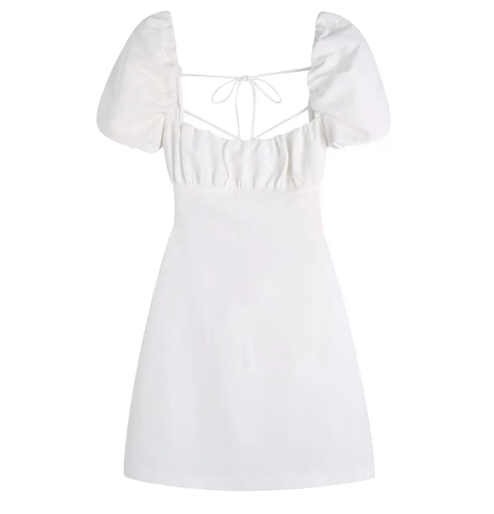 Cotton Square Collar Short Sleeve White Dress Slim fit Vestido