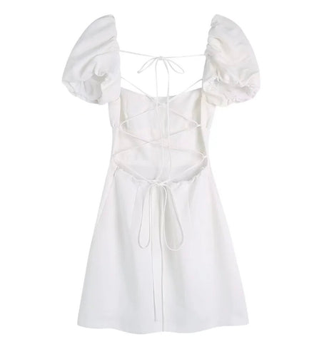 Cotton Square Collar Short Sleeve White Dress Slim fit Vestido
