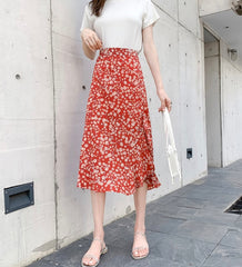 Elegant Ruffle leopard print midi high waist female A-line skirt