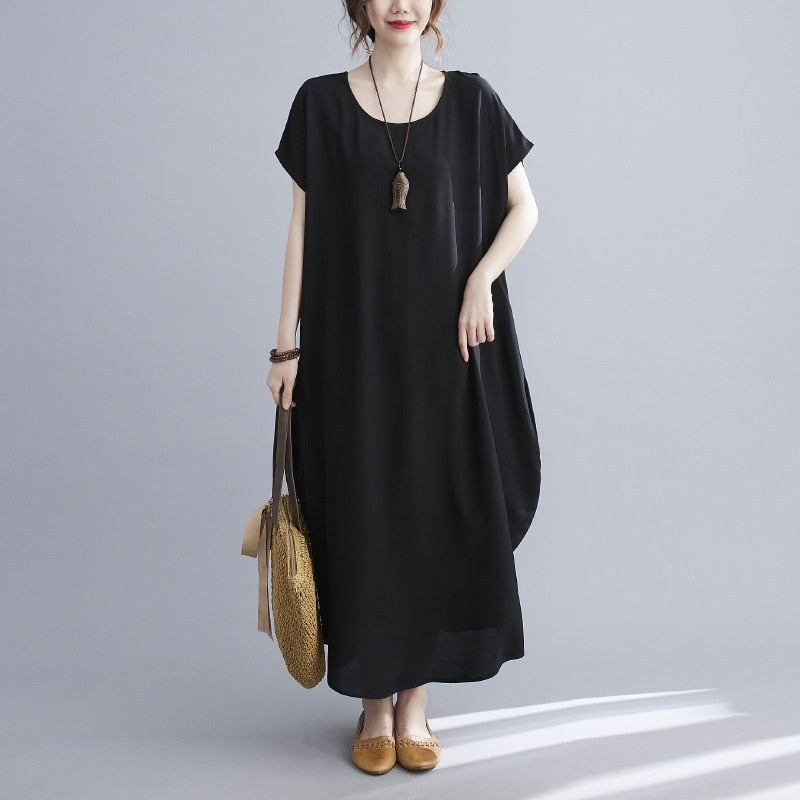 Short Sleeve Cotton Satin Summer O-Neck Dresses