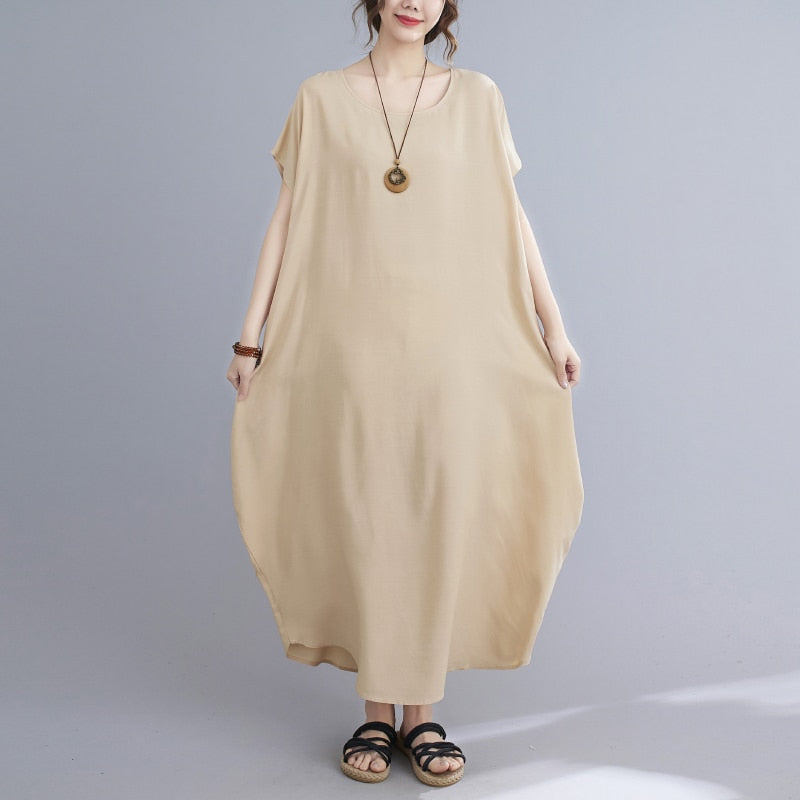 Short Sleeve Cotton Satin Summer O-Neck Dresses