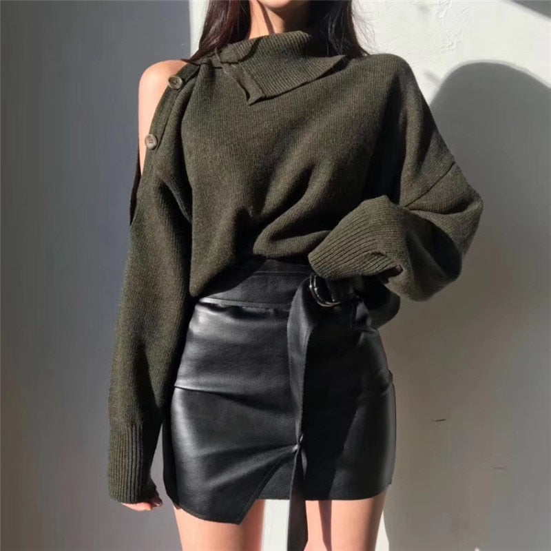 Sweater Strapless Button Korean Fashion Pullover Tops