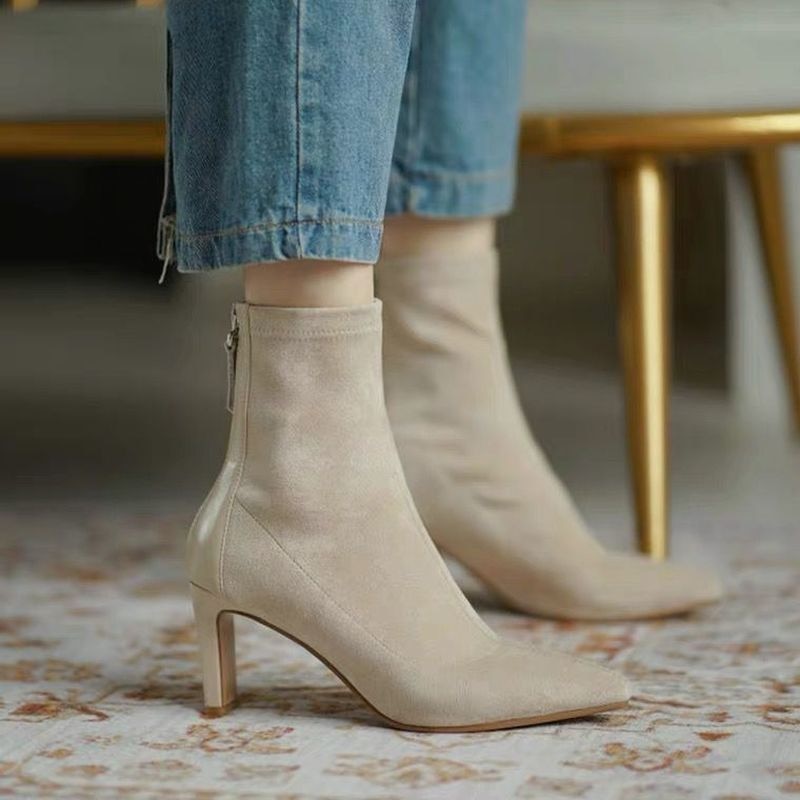 High Heel Boots Women Style Mid Heel Stretch Thin Boots Pointed Toe