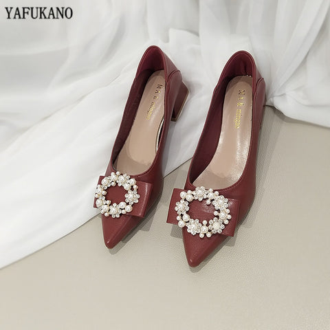 3cm Fashion Pointed Toe Square Low Heel High Heels Elegant Pearl Rhinestone