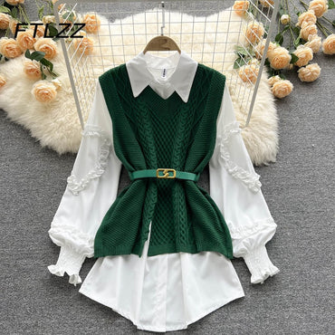 Sweater Dress Suits White Blouse and Sleeveless Knitted Tops