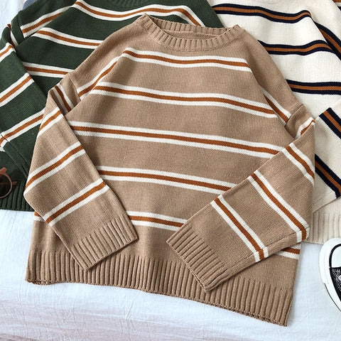 Vintage Stripe Sweaters Women Loose Oversize Korean Style Pullover Top