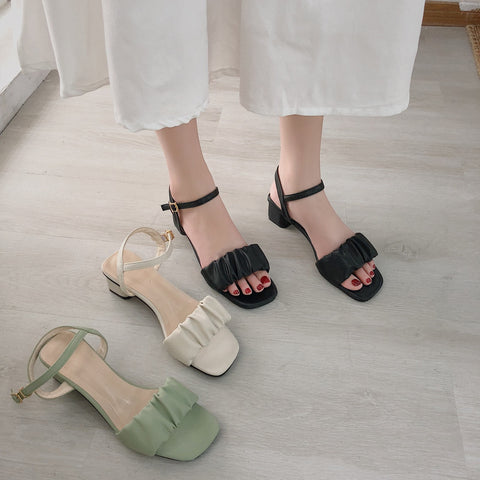 Fashion Square Heel Womens Sandals Pleated Ankle Buckle Casual
