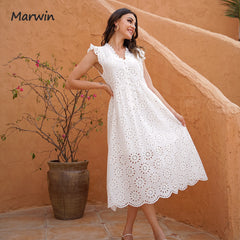 Simple Casual Solid Hollow Out Pure Cotton Holiday Style High Waist Dress