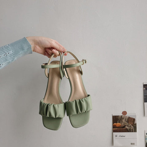 Fashion Square Heel Womens Sandals Pleated Ankle Buckle Casual