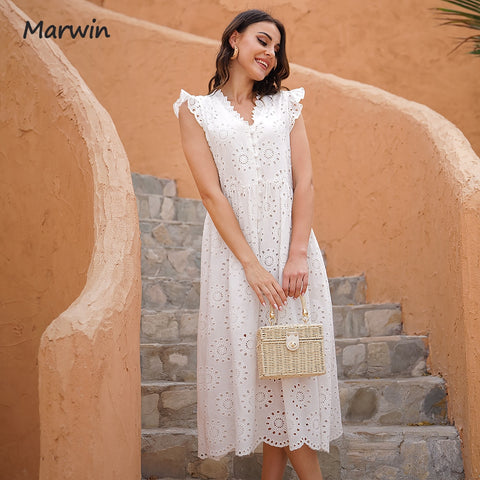 Simple Casual Solid Hollow Out Pure Cotton Holiday Style High Waist Dress