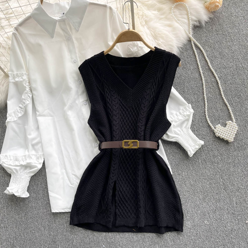 Sweater Dress Suits White Blouse and Sleeveless Knitted Tops