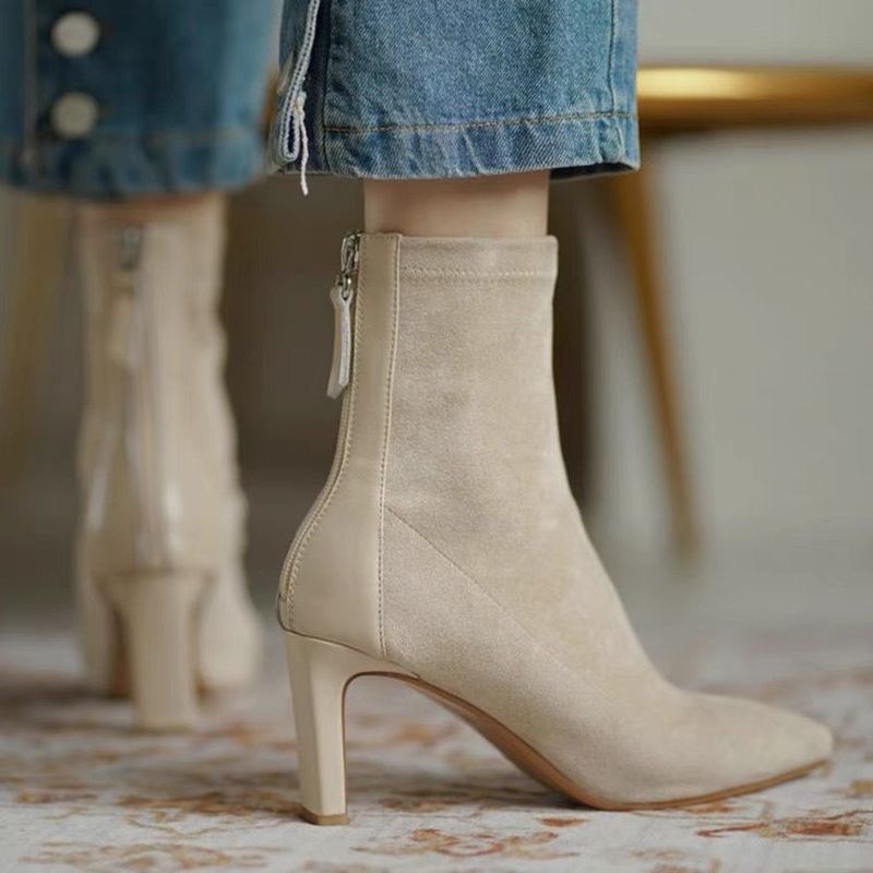 High Heel Boots Women Style Mid Heel Stretch Thin Boots Pointed Toe