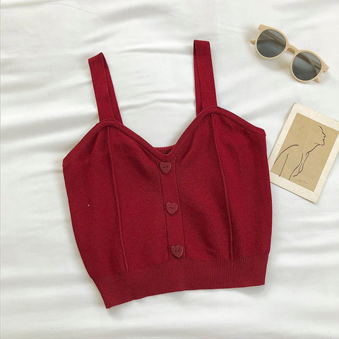 Women Knitted Crop Tops Button Up V-Neck Sleeveless Straps