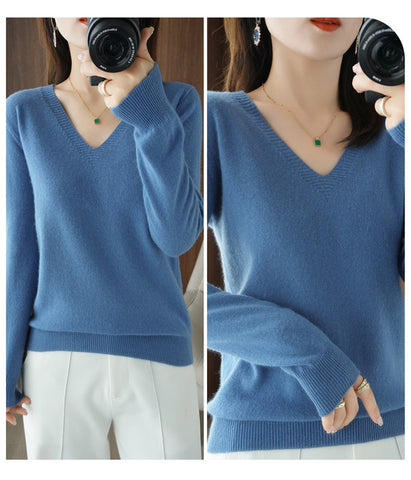 Sweaters Women Casual V-neck Solid Jumpers Pullovers