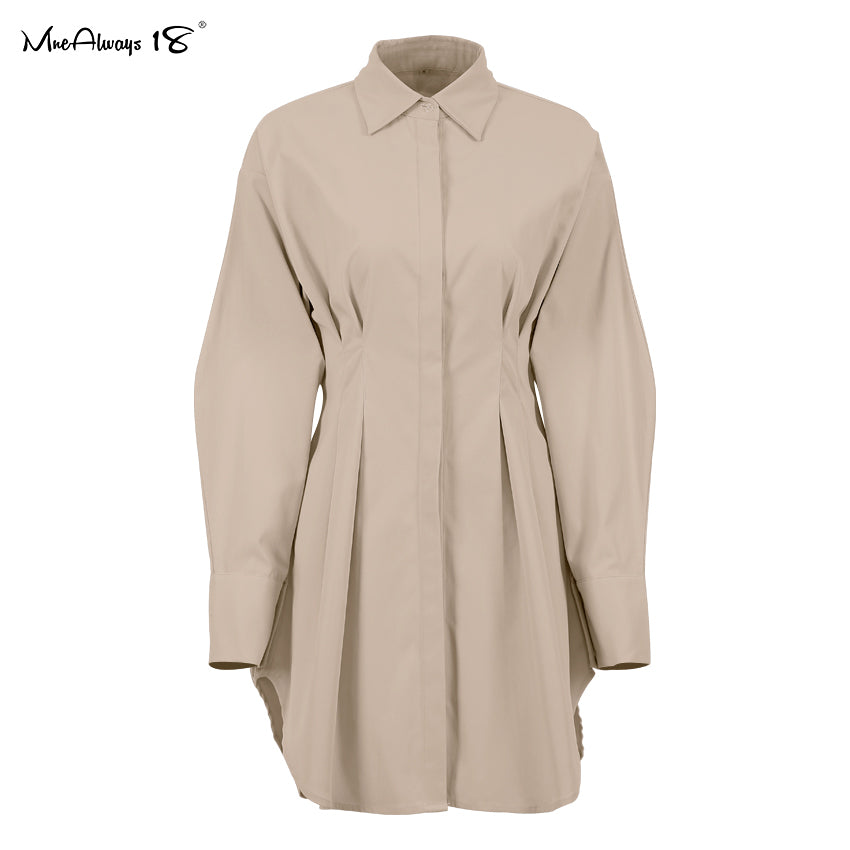 Dress Khaki Long Sleeve Pleated Shirt Dress Office Ladies Solid