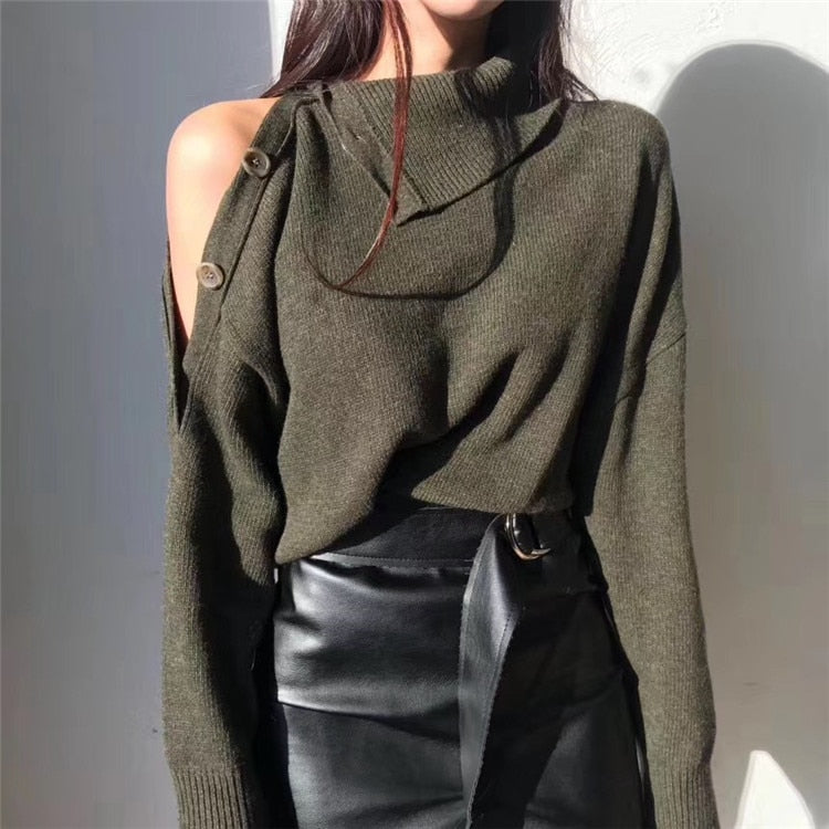 Sweater Strapless Button Korean Fashion Pullover Tops