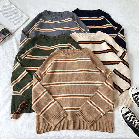 Vintage Stripe Sweaters Women Loose Oversize Korean Style Pullover Top