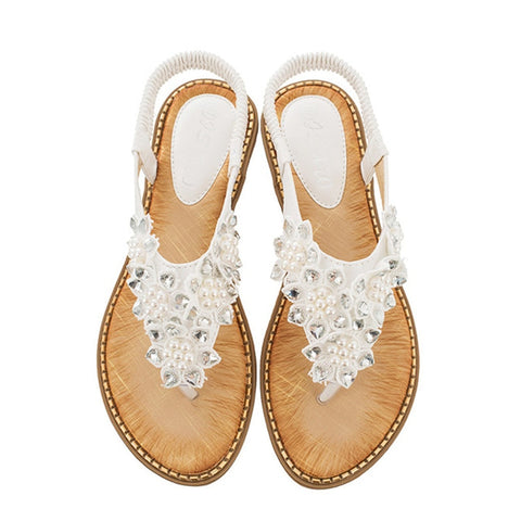 Women Fashion Bead Flower Round Toe Flip-flop Sandals