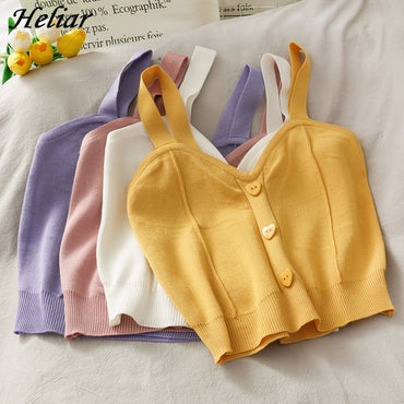 Women Knitted Crop Tops Button Up V-Neck Sleeveless Straps