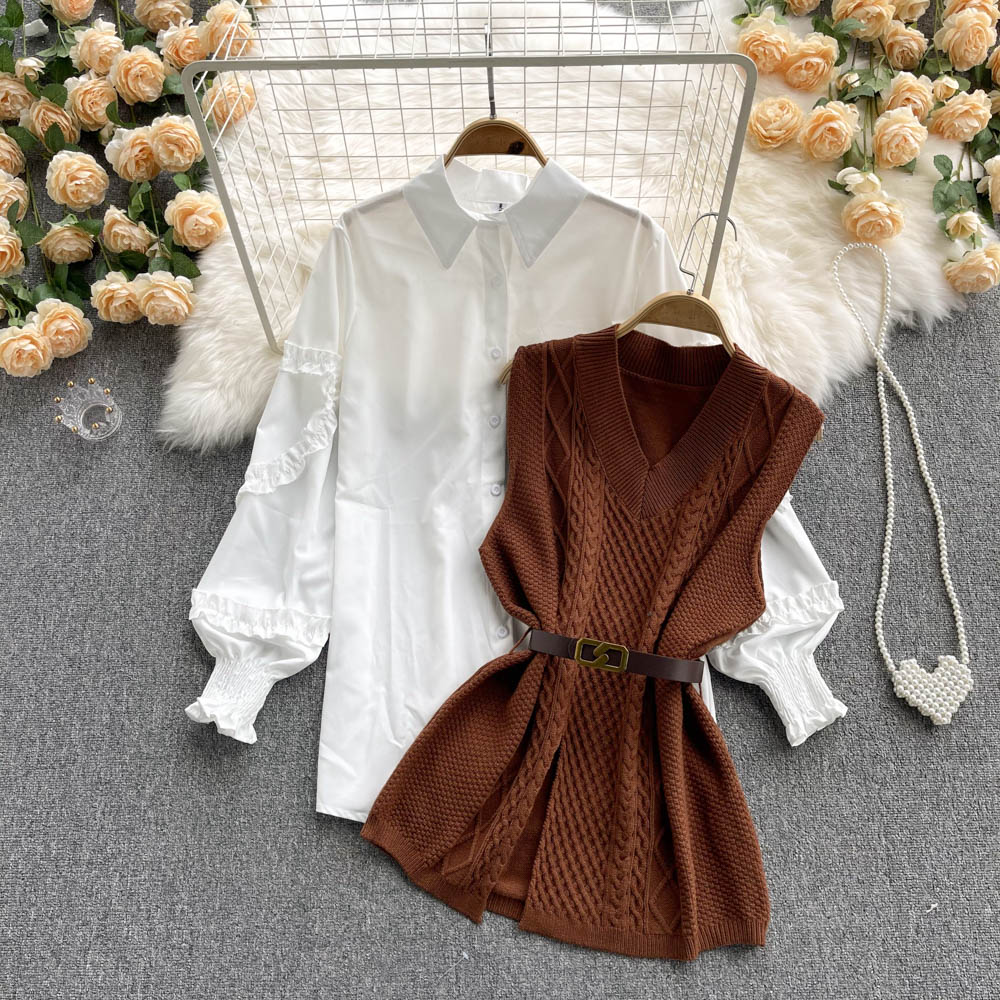 Sweater Dress Suits White Blouse and Sleeveless Knitted Tops