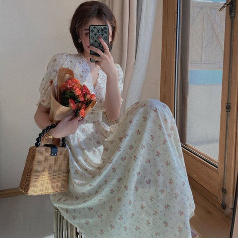 Vintage Floral Dress Elegant Lace Chiffon Party Dress Puff Sleeve