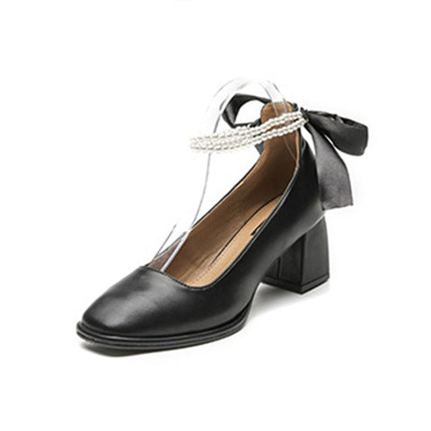 Ladies High Heels Elegant Bow Square Toe Black High Heels Fashion