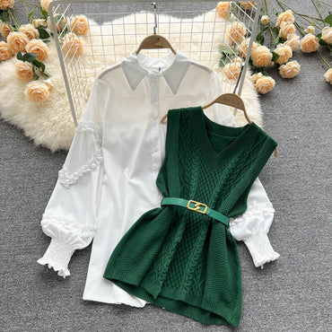 Sweater Dress Suits White Blouse and Sleeveless Knitted Tops