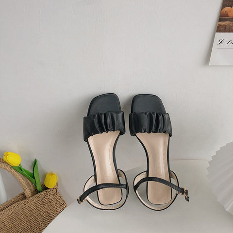 Fashion Square Heel Womens Sandals Pleated Ankle Buckle Casual