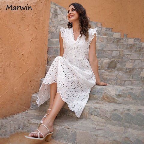 Simple Casual Solid Hollow Out Pure Cotton Holiday Style High Waist Dress