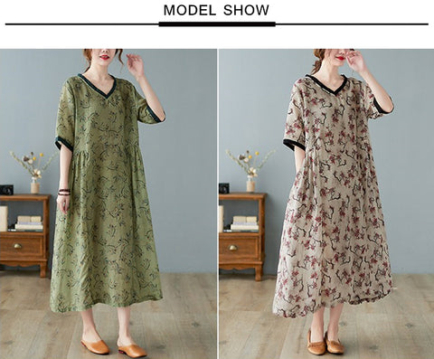 Cotton Linen Vintage Floral Print Summer Dresses