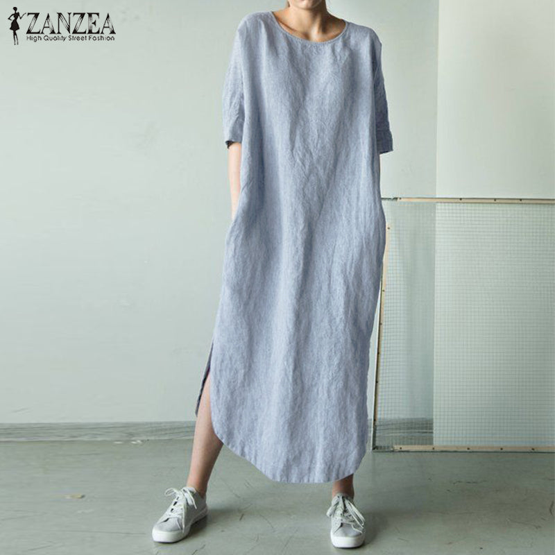 Women O Neck Short Sleeve Sundress Summer Solid Cotton Linen Dress