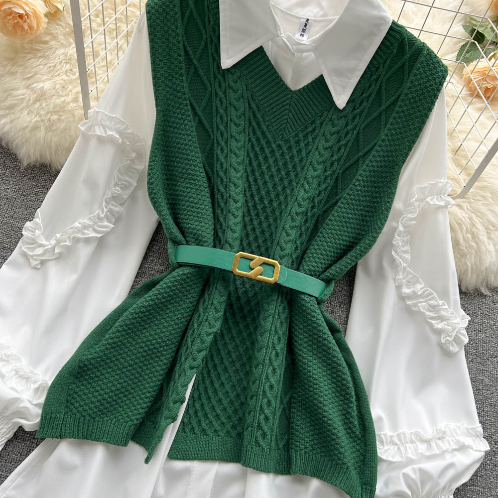 Sweater Dress Suits White Blouse and Sleeveless Knitted Tops