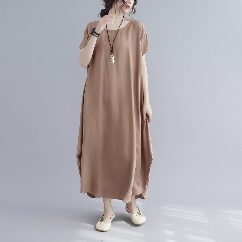 Short Sleeve Cotton Satin Summer O-Neck Dresses