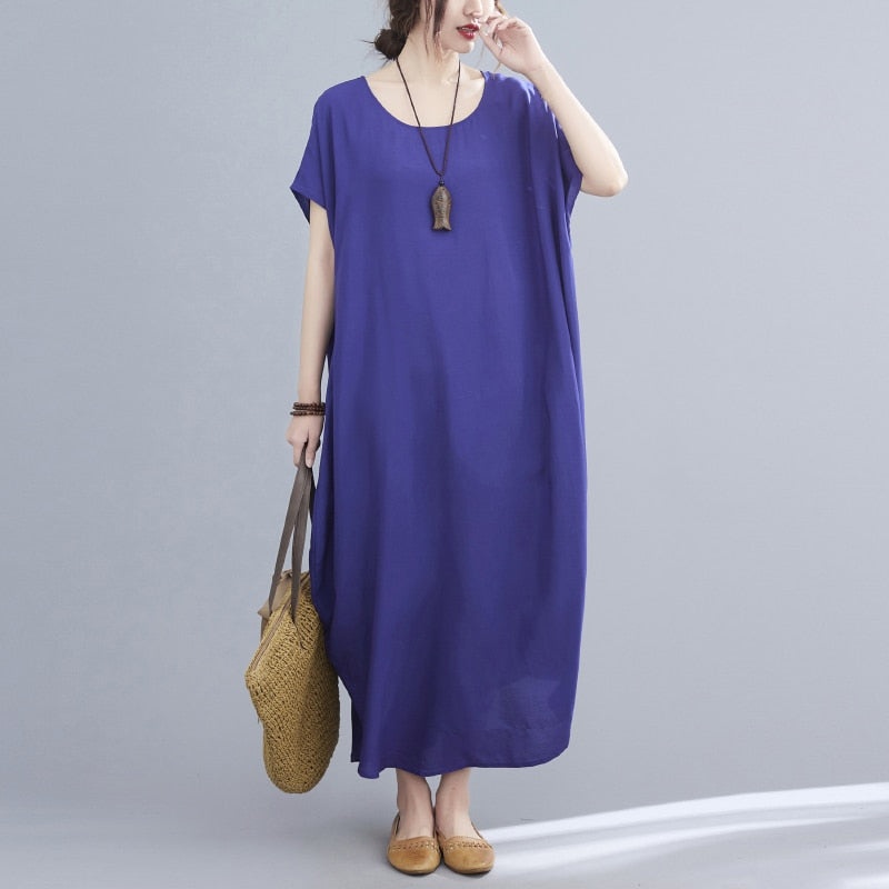 Short Sleeve Cotton Satin Summer O-Neck Dresses