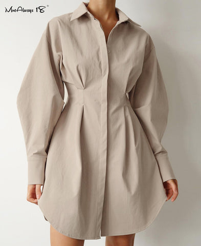 Dress Khaki Long Sleeve Pleated Shirt Dress Office Ladies Solid