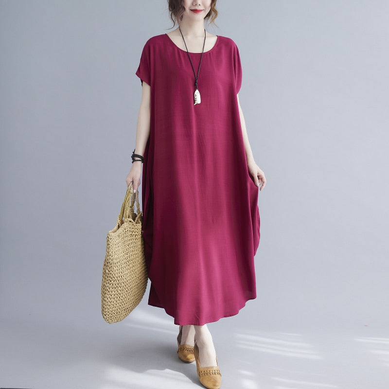 Short Sleeve Cotton Satin Summer O-Neck Dresses