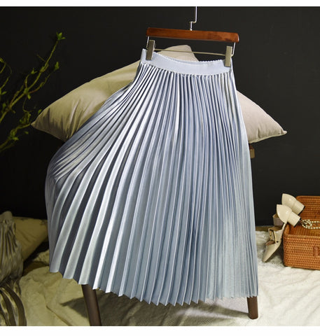 Metal Color Pleated Skirt Elastic High Waist Midi Chic Skirts