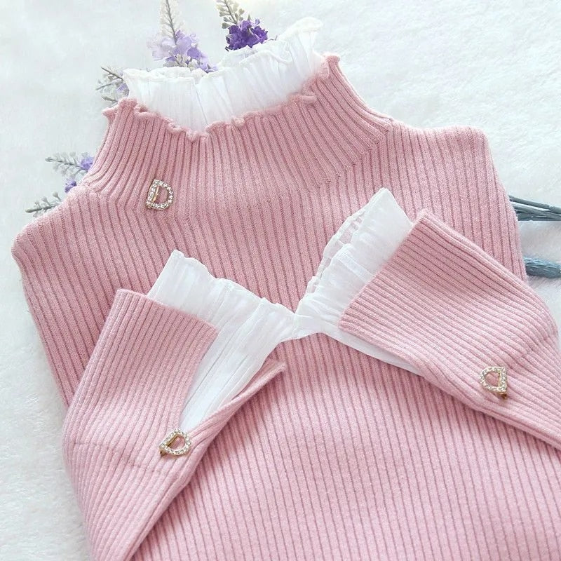 Patchwork Warm Sweater Women Elegant Long Sleeve Slim Turtleneck Knitted