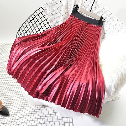 Metal Color Pleated Skirt Elastic High Waist Midi Chic Skirts