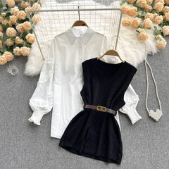 Sweater Dress Suits White Blouse and Sleeveless Knitted Tops