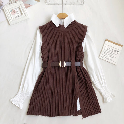 Vest Sweater Women White Shirts Knitted Vest Two-piece Set